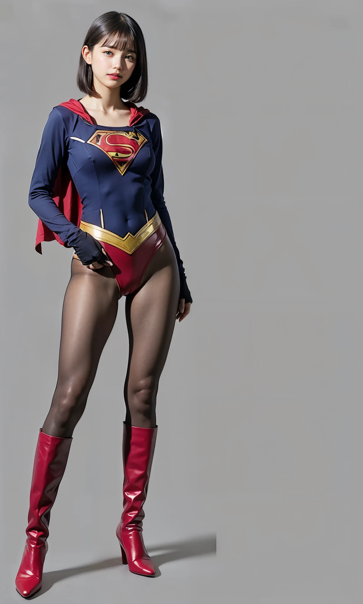 No background、(((Beautiful legs in black tights.)))、(((Legally express the beauty of your smile)))、((((Make the most of your original images)))、(((Supergirl Costume)))、(((Beautiful very short hair)))、(((suffering)))、(((Please wear black tights....、Wear red boots)))、((Best image quality、8k))、((Highest quality、8k、masterpiece:1.3))、(((Preserve background )))、Sharp focus:1.2、Beautiful woman with perfect figure:1.4、Slim Abs:1.2、Wet body:1.5、Highly detailed face and skin texture、8k