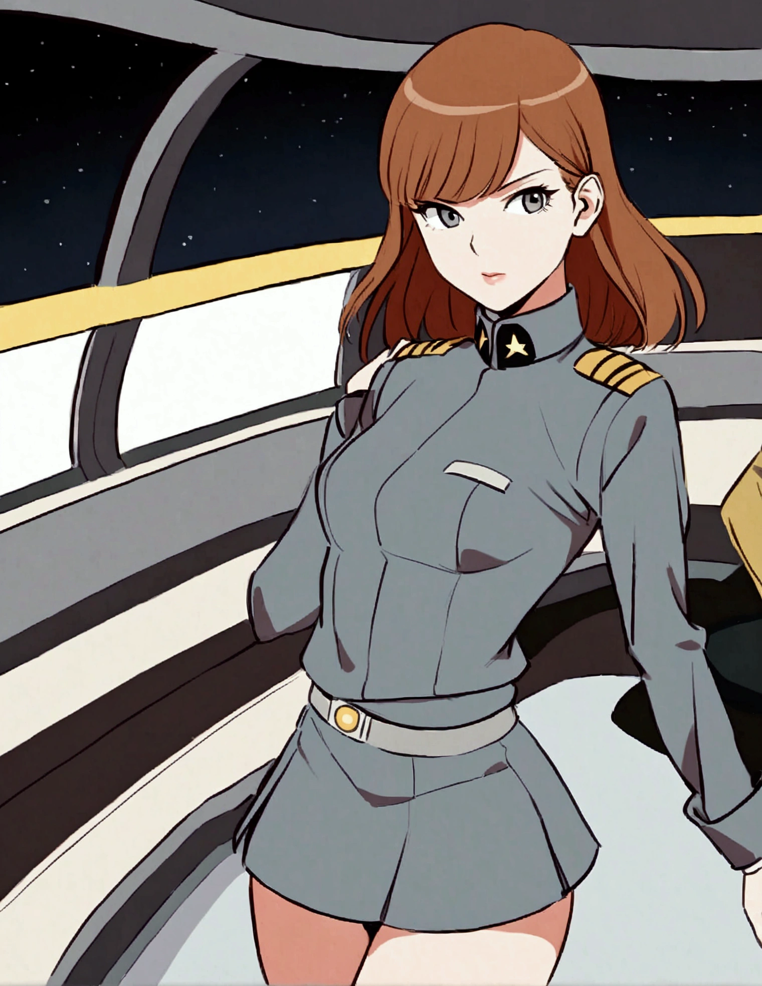Kate Mara, age 25, short skirt Yeoman on the 60s Star Trek Enterprise. She is bringing a message to Captain Kirk on the bridge.