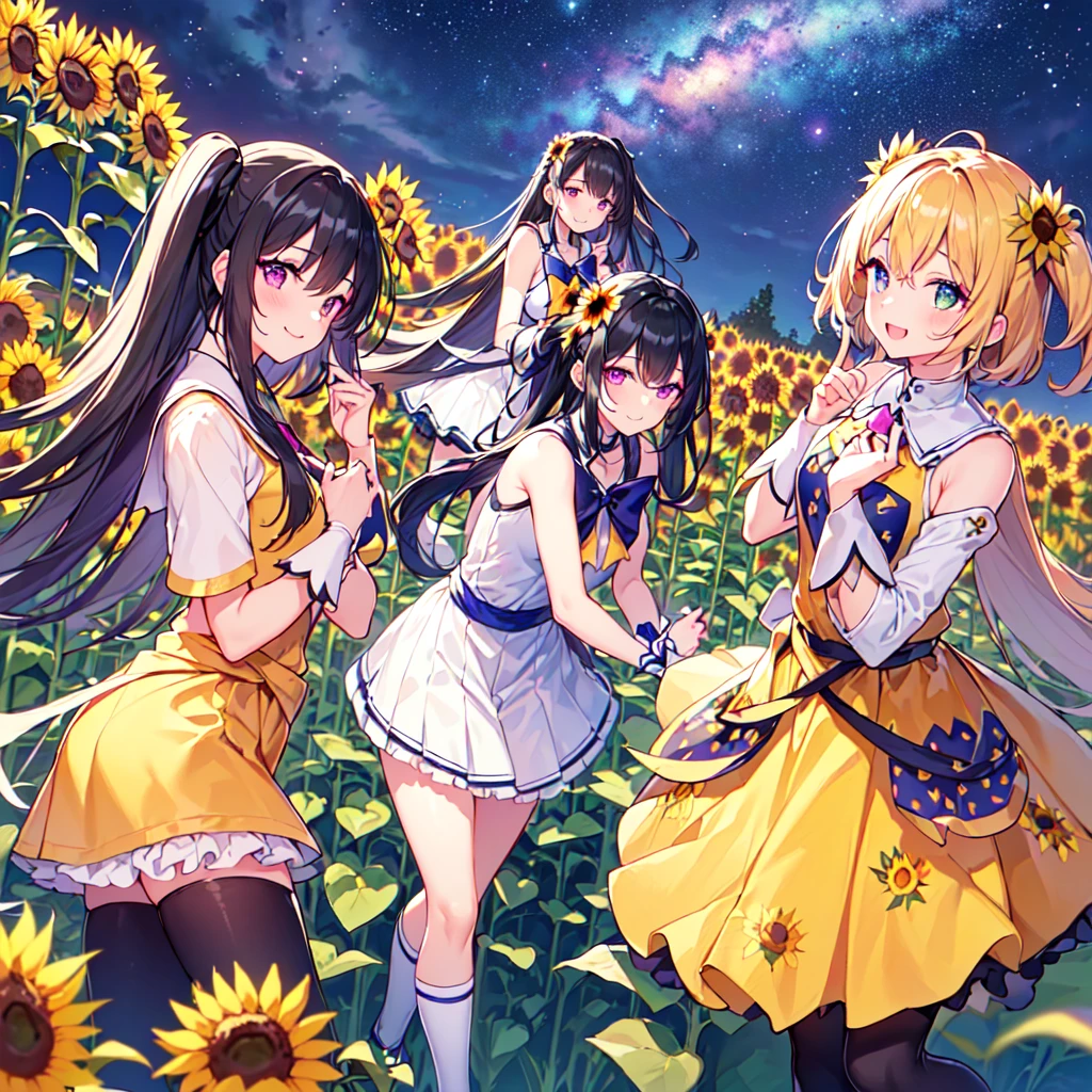 masterpiece, best quality, high quality, extremely detailed, very delicate and beautiful, (5female 18 years old five:1.5), (long black hair two-side up to waist:1.5), bangs to eyebrows, eyes Eyes: 1.5), (long black hair up to the waist with two side up), (bangs up to the eyebrows), eyes: 1.5), (eyes: 1.3), (eye color: magenta), 6.5 head height, (sunflower print magical girl fashion: 1.3), knee socks, frills, (makeup: 1.3), (smiling),(standing), (pose), (dynamic pose)(sunflower field :1.3),(Milky Way Night Sky:1.3),(group shot:1.3)