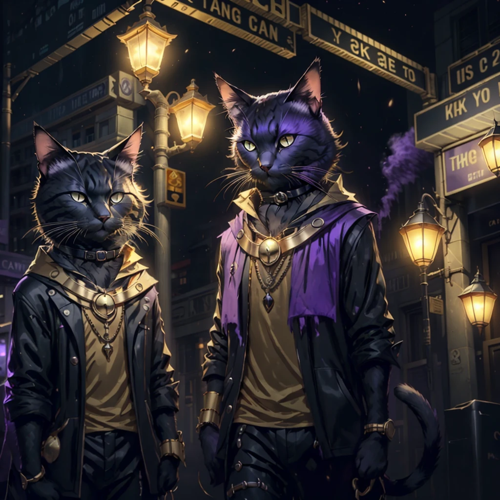 Black cat, purple eyes, gold earrings, gold wrist bands, black mist around cat, black fog coming from cat, city streets, night time, lamp light