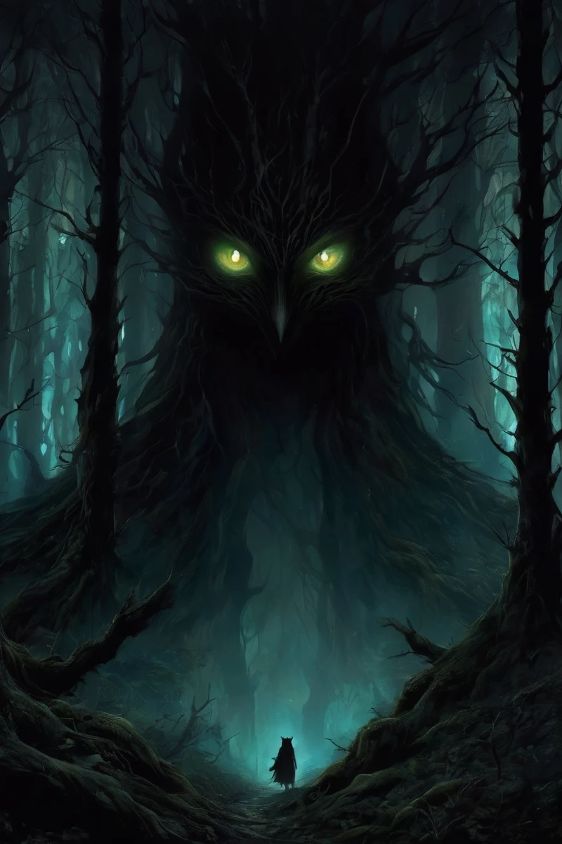 dark and dark forest, mysterious, bright eyes in the distance