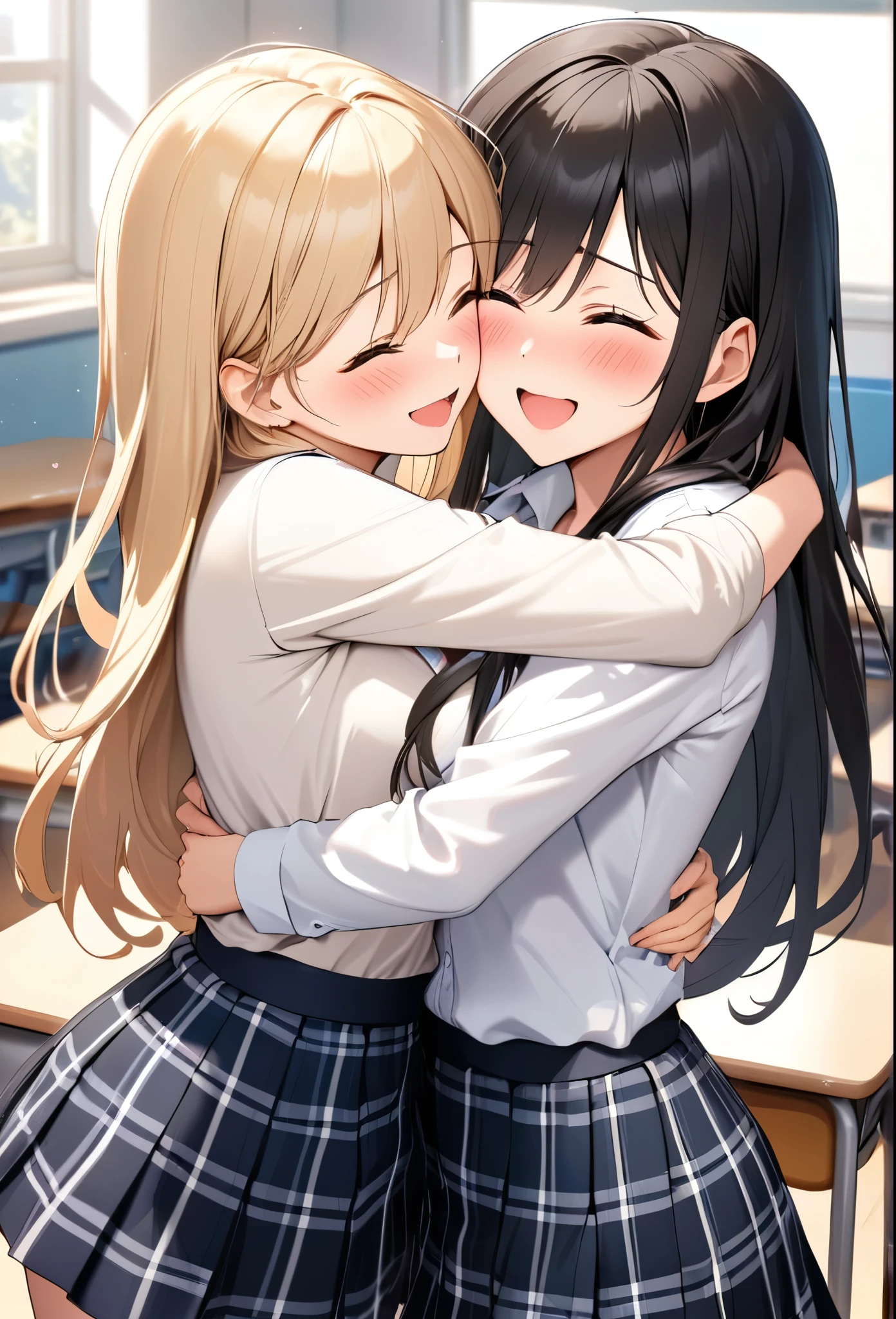 detailed figure, Dynamic Angle, Very detailed, figure, Two Girls, 18-year-old, high school girl, [Long wavy blonde hair, Long Hair, Light grey eyes], heart, White shirt, Light blue plaid skirt, Cleavage, Flush, blush, excited, School classroom, smile, Lesbian Kiss, hug, Holding, touch, [long black hair straight, close your eyes, Grimacing]