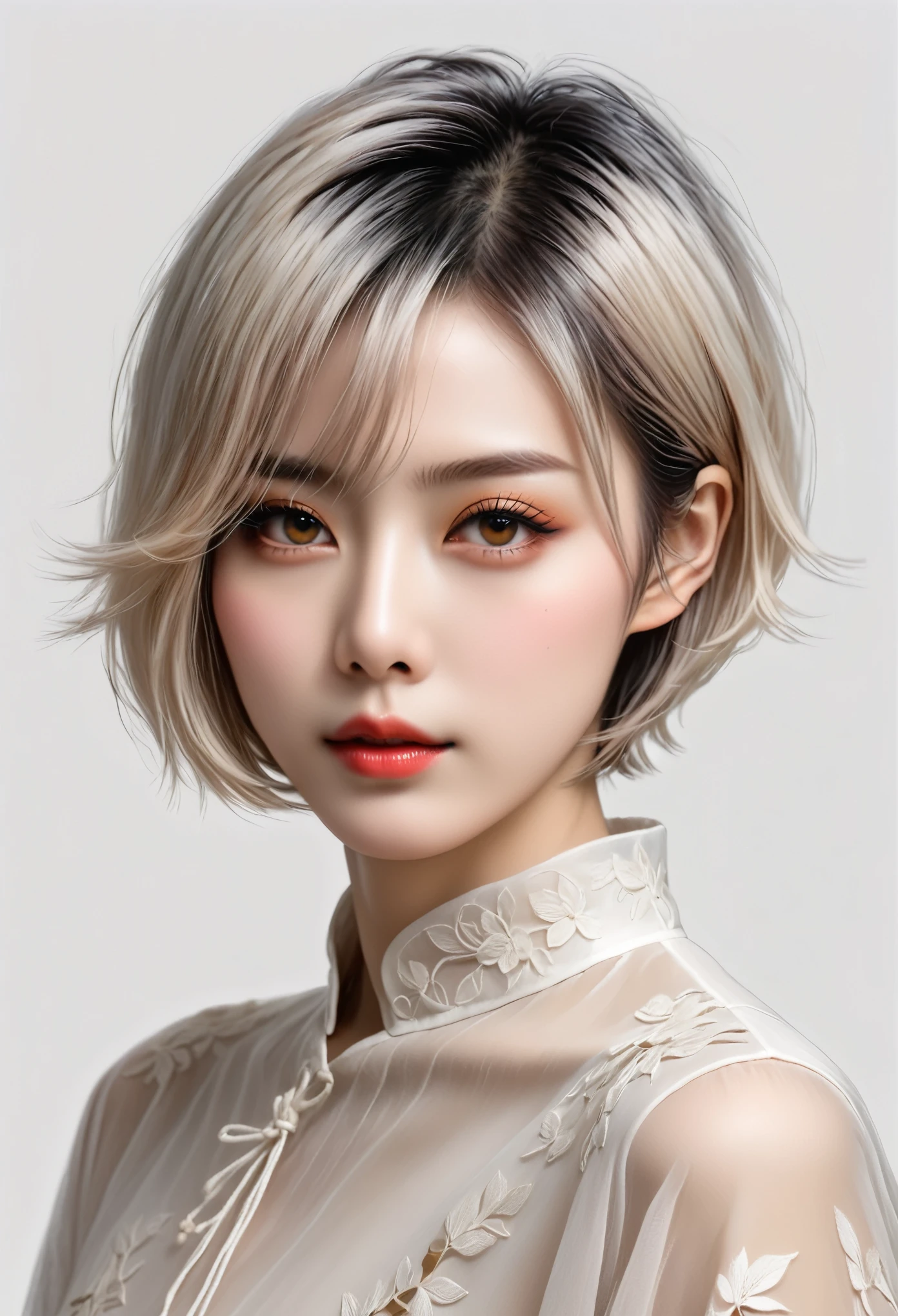 beautiful Japanese woman with short hair , white background