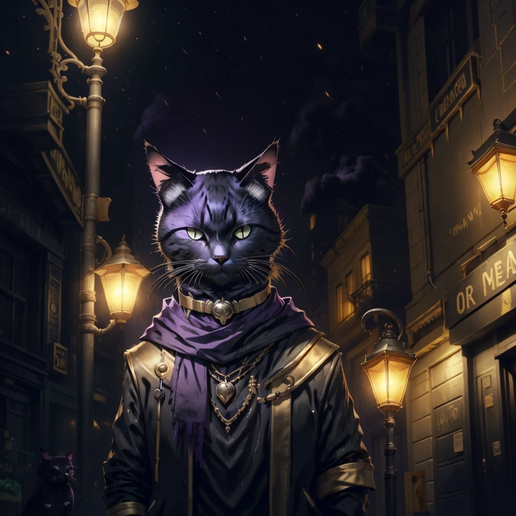 Black cat, purple eyes, gold earrings, gold wrist bands, black mist arpund cat, black fog coming from cat, city streets, night time, lamp light