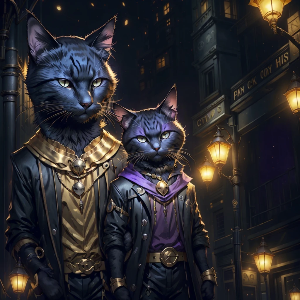 Black cat, purple eyes, gold earrings, gold wrist bands, black mist arpund cat, black fog coming from cat, city streets, night time, lamp light