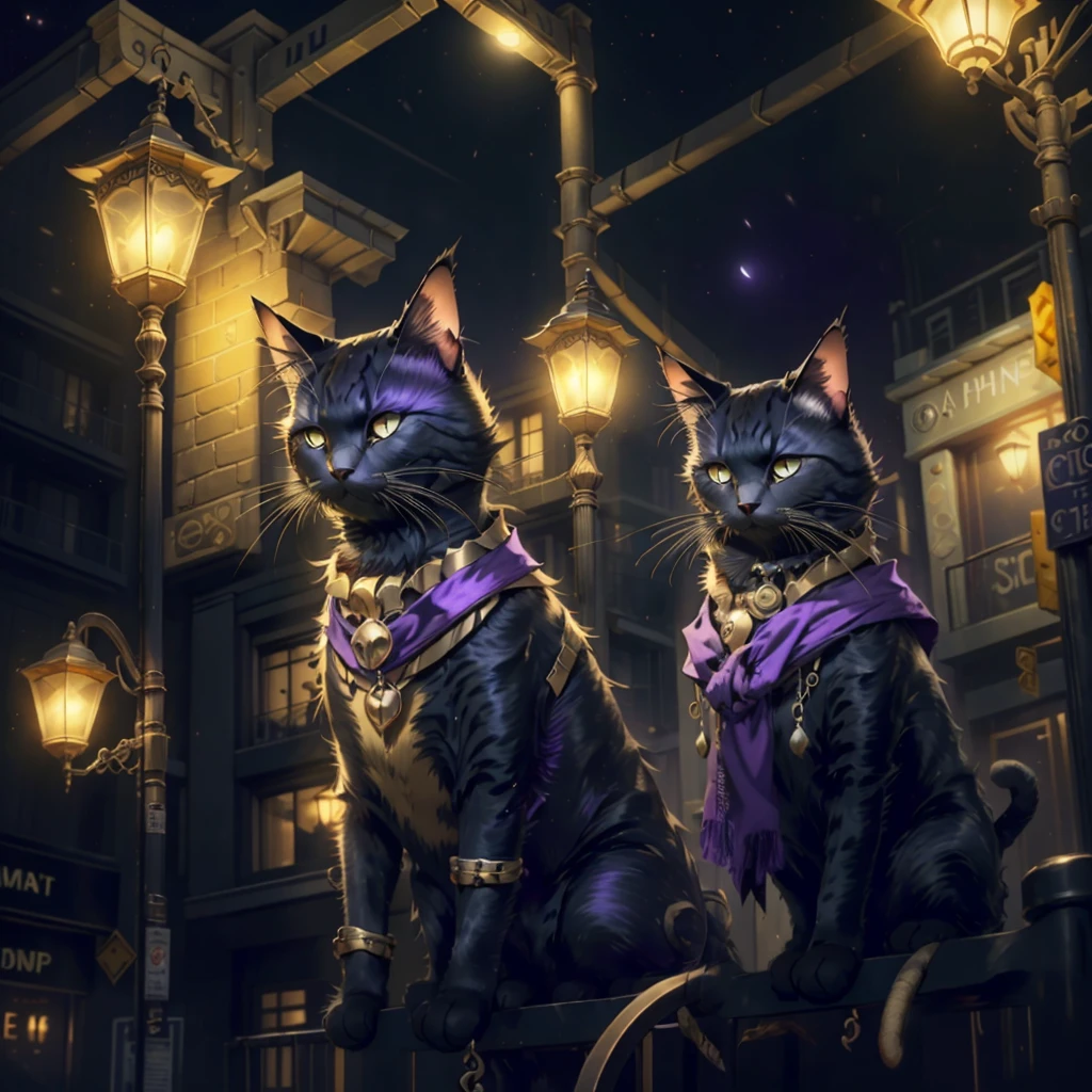 Black cat, purple eyes, gold earrings, gold wrist bands, black mist arpund cat, black fog coming from cat, city streets, night time, lamp light