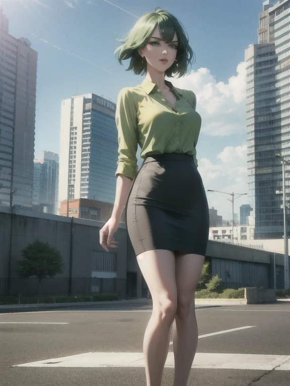 A woman with short green hair, wearing a sheer blouse and an orange-tinted tight skirt, her hair blowing in the wind, a full-body shot with a cityscape of high-rise buildings in the distance, her hair reflecting light, and gray high heels.