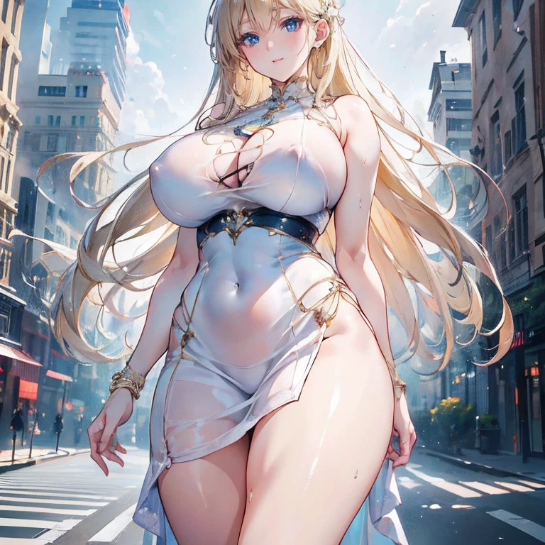 Anime Kawaii sexy Perfect Slim sensual body large breast and huge thighs, An intricate and highly detailed illustration of anime (Young girl) a beautiful young girl with long blonde hair, wearing a short dress, standing on a city street, gorgeous, high quality, pixiv style, (best quality,4k,8k,highres,masterpiece:1.2),ultra-detailed,(realistic,photorealistic,photo-realistic:1.37),HDR,UHD,studio lighting,ultra-fine painting,sharp focus,physically-based rendering,extreme detail description,professional,vivid colors,bokeh