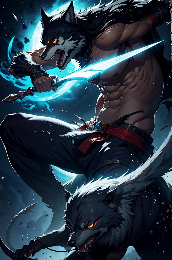 Size and Size: Auron is a large wolf, Imposing and muscular, with a presence that inspires respect and fear. Your body is agile and powerful, reflecting his skill in both combat and leadership.

coat: Auron&#39;s coat is predominantly black, with an almost supernatural glow that seems to absorb the light around it. In contrast, he has silver markings on his paws and along his spine, as if they were traces of pure solidified shadow.

eyeballs: Auron&#39;s eyes are a deep amber, almost incandescent, with a penetrating gaze that seems to see through the darkness and intentions of those around him. They shine especially at night, reflecting your connection to the power of shadows.

claws: Its claws are one of its most distinctive features. They are long and sharp, with an unearthly silver glow, result of the pact with the ancestral spirit. These claws are not only formidable weapons in combat, but they also symbolize his authority and connection with darkness.