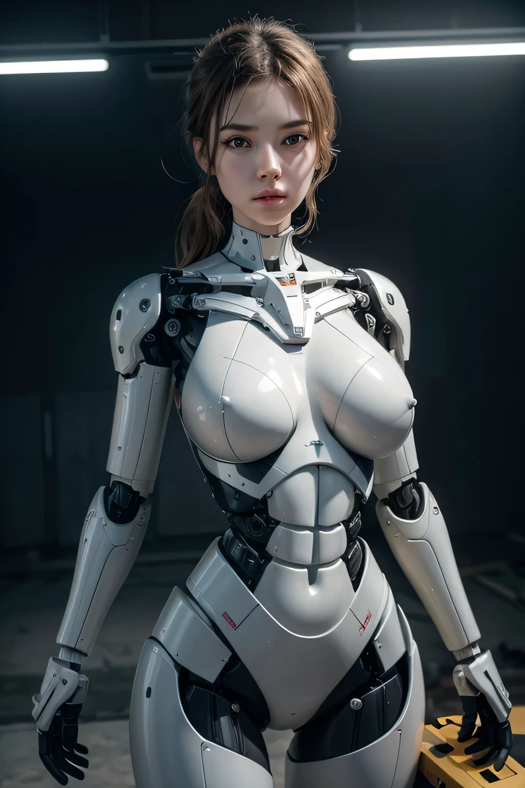 Lighten heavy objects々A female robot holding　Mechanical body　Construction site, UHD, retina, masterpiece, accurate, anatomically correct, textured skin, super detail, high details, high quality, award winning, best quality, highres