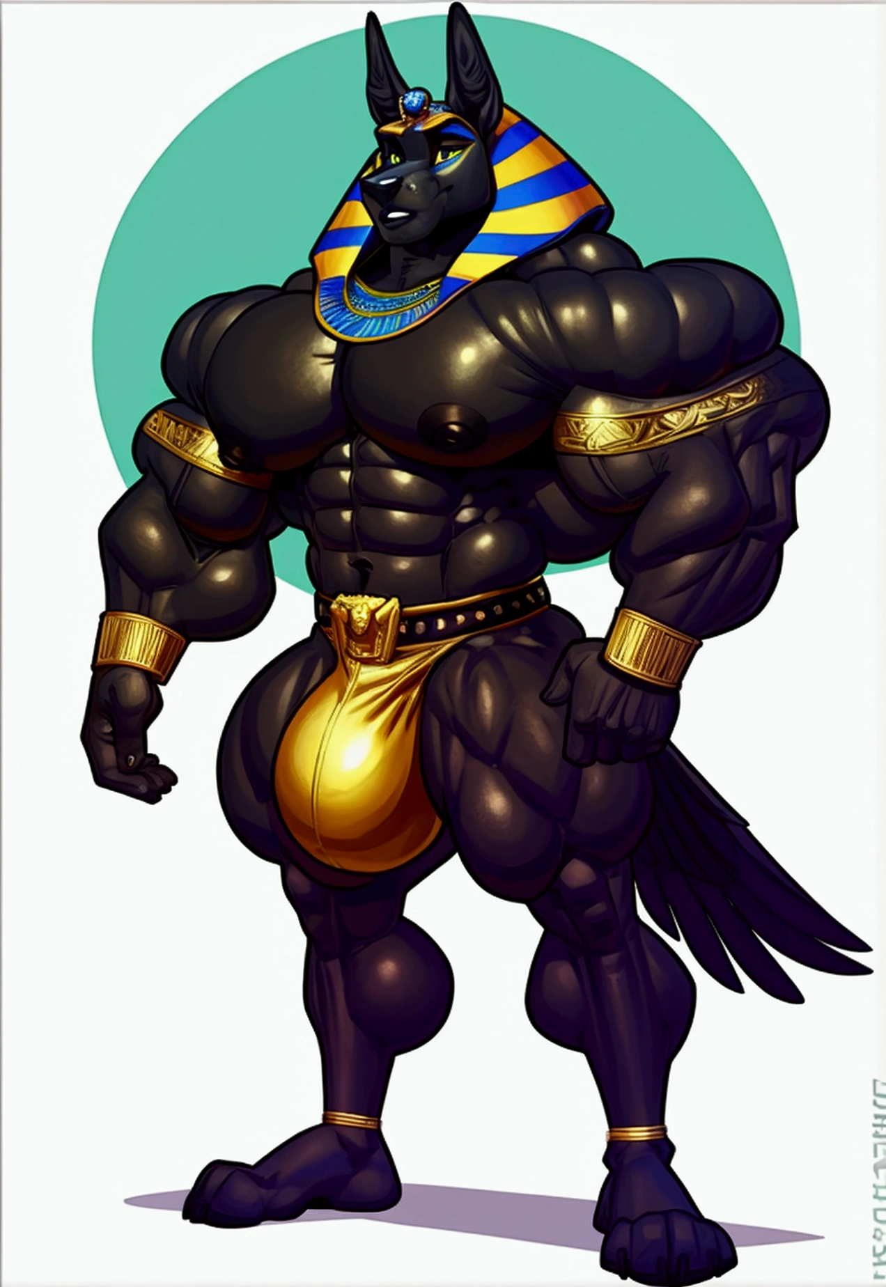 solo, male, Anubis, raven black fur, egyptian god, huge bulge, detailed face, detailed eyes, hyper muscles, hyper pecs, thick thighs, standing, plain background, by Kihu