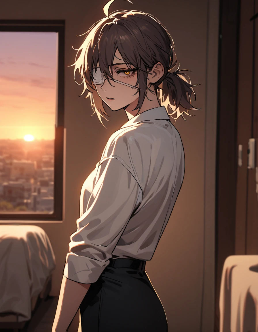 
mature, golden eyes, looking at viewer, female, bedroom background, messy hair, light dark short hair, ponytail, parted lips, hair between eyes, ahoge, emotionless, tired eyes, standing, from the side, black pants, white shirt, medical eye patch, black tie, sunset