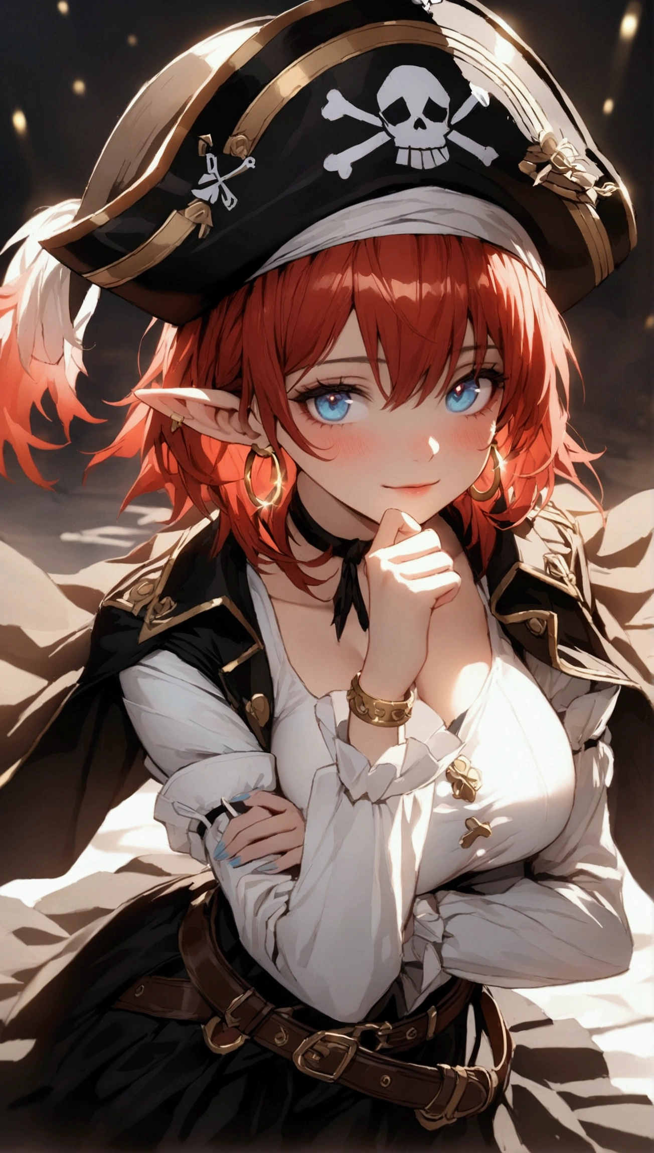 (Masterpiece. The best quality. 8K. Sharp focus. Depth of field, The best shadows. Perfect lighting. HDR. Realistic skin texture. Ultra-detailed background. Detail). Anime style. Honkai: Star Rail. March 7. 1 girl. Fiery red hair, short hair. Azure blue eyes, beautiful eyes, beautiful eyes, expressive eyes. Beautiful nose, perfect facial features. B-size breasts, beautiful breasts. Long beautiful legs. Arms crossed on chest, right hand near face, right hand placed on cheek, Ara Ara. Pirate hat, white blouse, pirate pants, pirate knee-length boots, elbow-length leather gloves, wide belt on waist, gold bracelets on hands, gold hoop earrings in ears. Pirate uniform-cloak. Shoulder straps with Jolly Roger on shoulders. On the belt there is a saber and a musket. Stands at full height at the ship's helm. Full body.