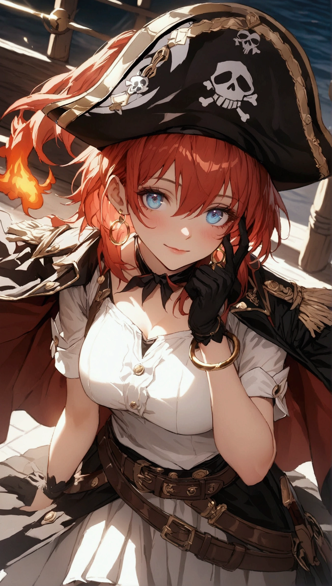 (Masterpiece. The best quality. 8K. Sharp focus. Depth of field, The best shadows. Perfect lighting. HDR. Realistic skin texture. Ultra-detailed background. Detail). Anime style. Honkai: Star Rail. March 7. 1 girl. Fiery red hair, short hair. Azure blue eyes, beautiful eyes, beautiful eyes, expressive eyes. Beautiful nose, perfect facial features. B-size breasts, beautiful breasts. Long beautiful legs. Arms crossed on chest, right hand near face, right hand placed on cheek, Ara Ara. Pirate hat, white blouse, pirate pants, pirate knee-length boots, elbow-length leather gloves, wide belt on waist, gold bracelets on hands, gold hoop earrings in ears. Pirate uniform-cloak. Shoulder straps with Jolly Roger on shoulders. On the belt there is a saber and a musket. Stands at full height at the ship's helm. Full body.