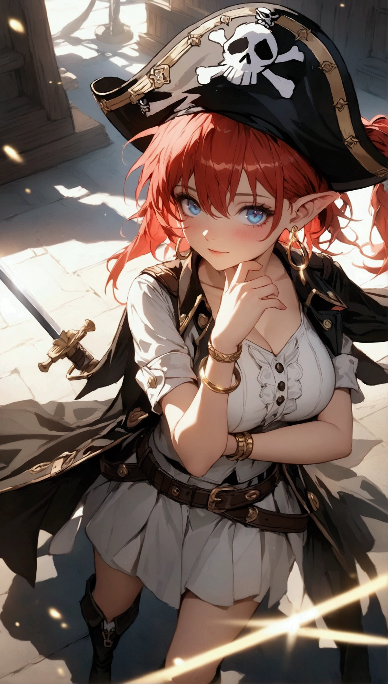 (Masterpiece. The best quality. 8K. Sharp focus. Depth of field, The best shadows. Perfect lighting. HDR. Realistic skin texture. Ultra-detailed background. Detail). Anime style. Honkai: Star Rail. March 7. 1 girl. Fiery red hair, short hair. Azure blue eyes, beautiful eyes, beautiful eyes, expressive eyes. Beautiful nose, perfect facial features. B-size breasts, beautiful breasts. Long beautiful legs. Arms crossed on chest, right hand near face, right hand placed on cheek, Ara Ara. Pirate hat, white blouse, pirate pants, pirate knee-length boots, elbow-length leather gloves, wide belt on waist, gold bracelets on hands, gold hoop earrings in ears. Pirate uniform-cloak. Shoulder straps with Jolly Roger on shoulders. On the belt there is a saber and a musket.  Stands at full height at the ship's helm. Full body.