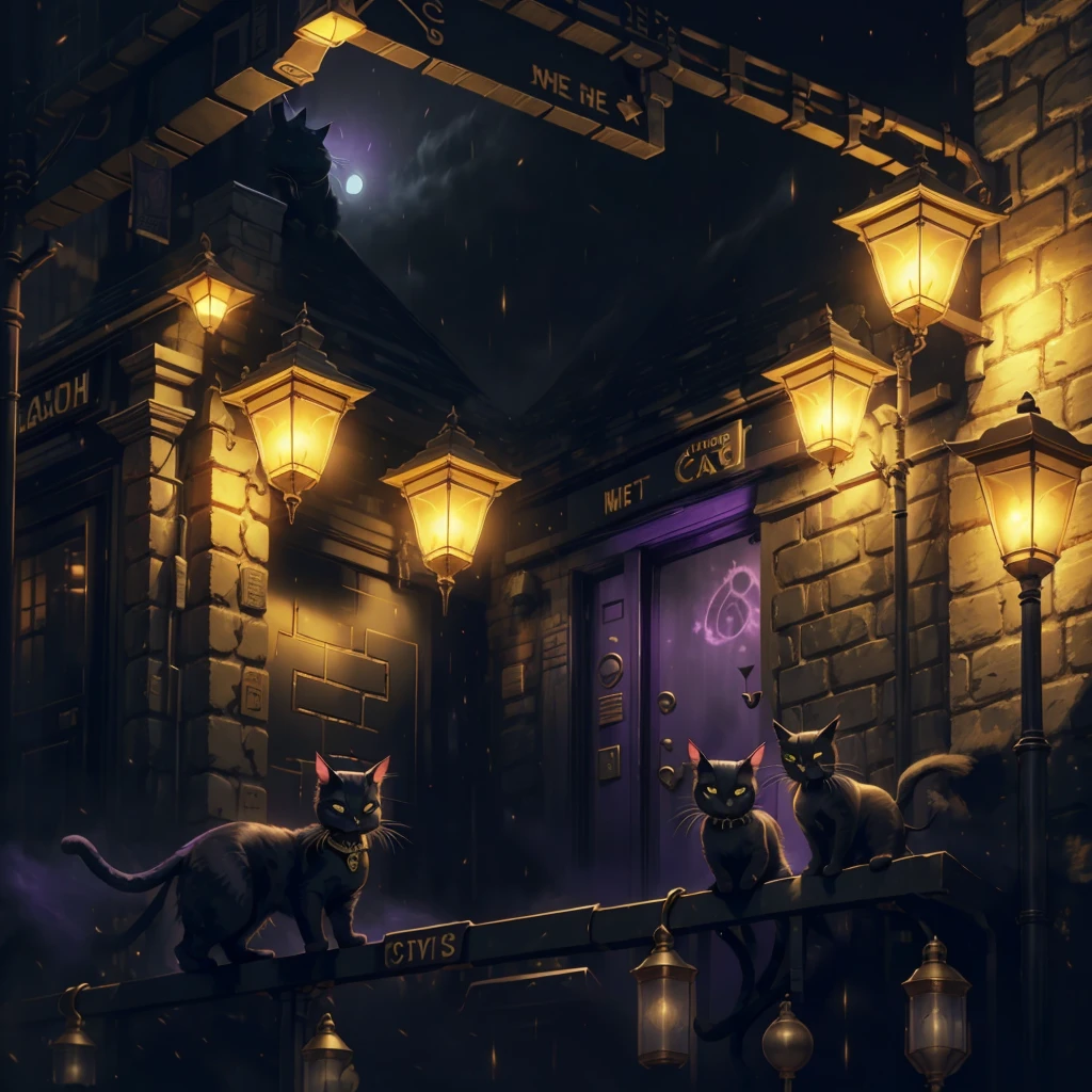 Black cat, solo, purple eyes, gold earrings, gold wrist bands, black mist arpund cat, black fog coming from cat, city streets, night time, lamp light