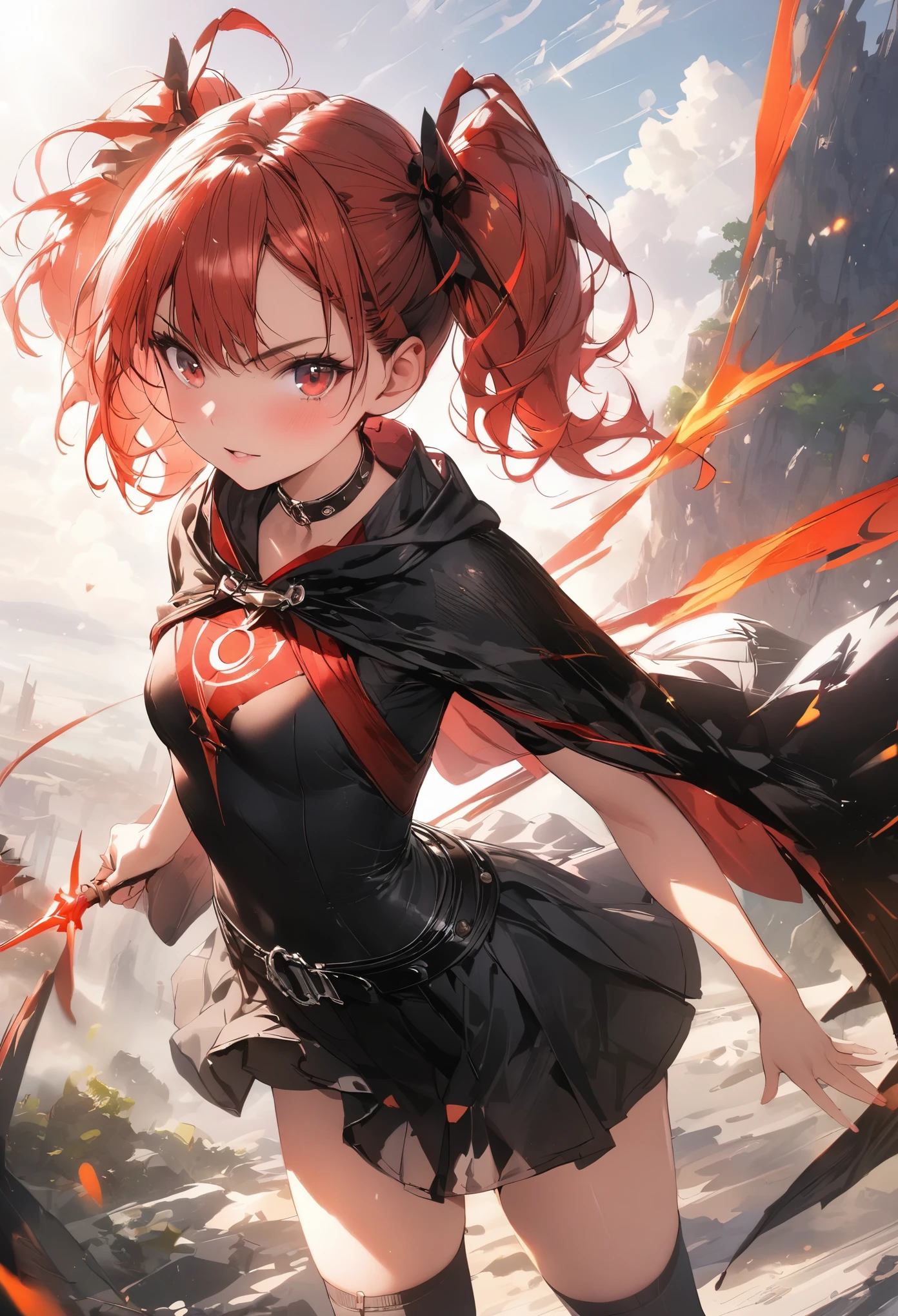 (masterpiece),(best quality),(ultra-detailed),(best illustration),(best shadow),(absurdres),(detailed background),(very aesthetic), wizzard, short hair, red hair, ((twin tail)), ((small_breasts)) ,red eyes, cloak, exposed belly, 1girl, legs exposed, strikes, Perfect face, short skirt, ((black clothes)) ,knee socks,add_detail:1, add_detail:0, add_detail:0.5, moody light,and the sun was shining brightly,8k,hyper-detailing