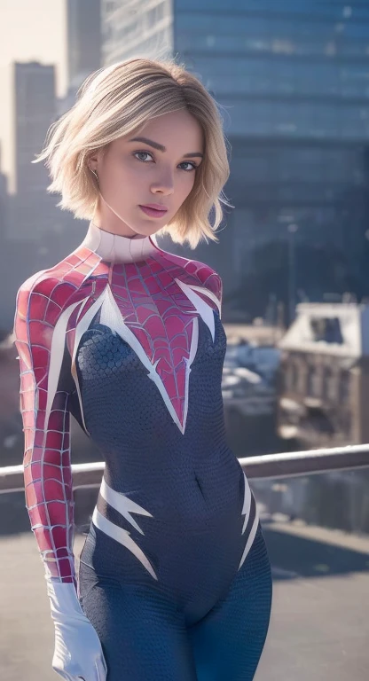 (One girl: 1.3), alone, beautiful face, (((extremely Detailed face))),(((extremely Detailed face and eyes)),beautiful detailed eyes, Body parts__, Official Art, 8k unified wallpaper, Very detailedな, beautiful and aesthetic, beautiful, masterpiece, 最high quality, born, masterpiece, Ultra-thin photo, 最high quality, Ultra-high resolution, photorealistic realism, sunlight, Full body portrait, Great beauty, short blonde haircut, Dynamic pose, Delicate face, Bright blue eyes, (from the front), She is wearing a nylon outfit (inspired by Spiderman costume), Cosplay ('/snow/'), red, Transparent white and black color scheme, Top floor of a skyscraper, Very detailed, Detailed face, Detailed, intricate and busy background, Messy, beautiful, milky, Very detailedな肌, Realistic skin detail, Visible pores, Sharp focus, Volume Mist, 8K Ultra HD, Digital SLR, high quality, Film Grain, Fair skin, Photorealism, Lomography, Future dystopian megacity, View from below, translucent