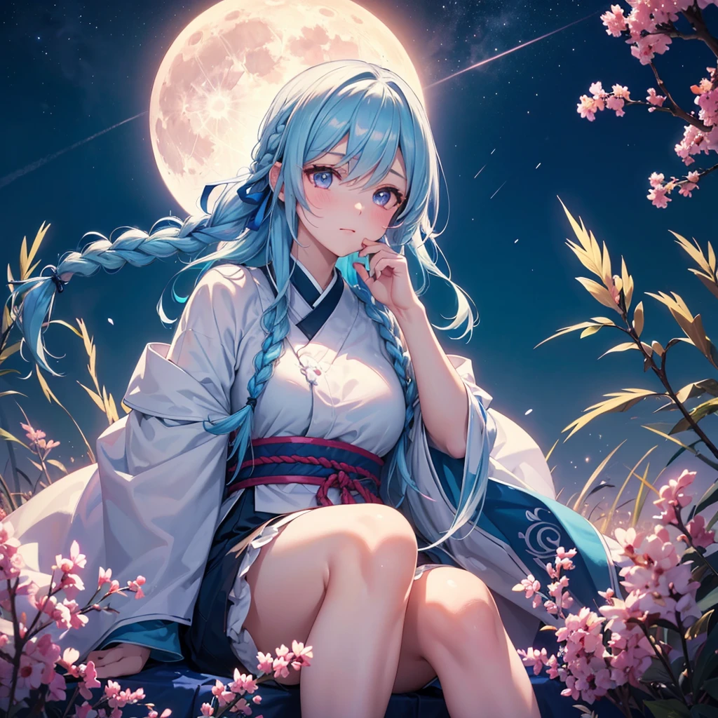 Sky blue hair, (Braided medium hair:1.2), Pink eyes,Fair skin ,(whole body),(One Girl),(White sweet dumplings ),White round dumplings,Japanese pampas grass,(beautiful, Full moon shining in the night sky),(masterpiece, Highest quality, Very detailed, Best Shadow), (Detailed Background), (Beautifully detailed face), High Contrast, (Best lighting, Very delicate and beautiful), ((Cinematic Light)), colorful, Hyper Detail,8k, Dramatic Light, Intricate details,Sit down and eat dumplings