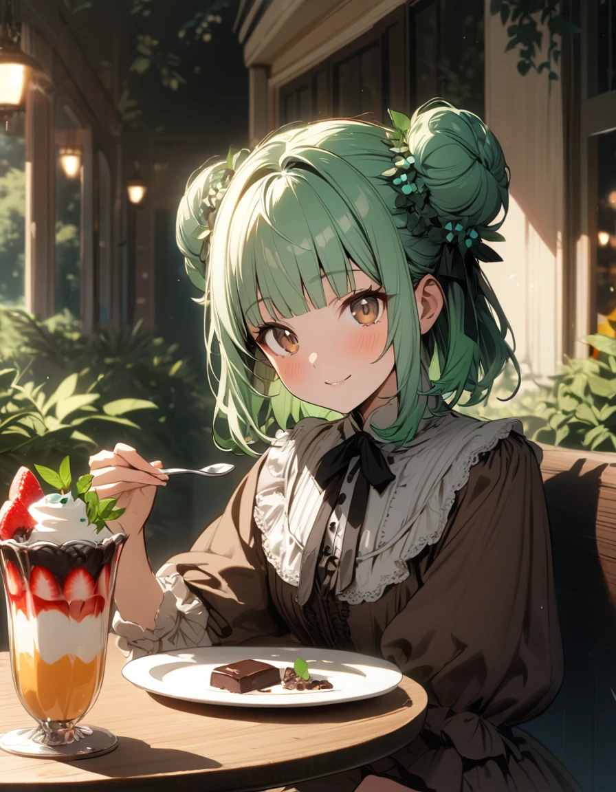 1 girl,solo,amazing quality, aesthetic, aesthetic,yo,ultra-detailed face,detailed eyes,brown eyes,(Brown eyes),lash extension,Mint green hair,blunt bangs,Mint leaves hair accessory,double bun,Mint green and brown dress,(summer scene,victorian:1.2),holding a spoon,Looking at viewer,happy,one Chocolate mint parfait on the table,Sitting,French Restaurant,rim light,masterpiece,8K,top quality, highly detailed illustration