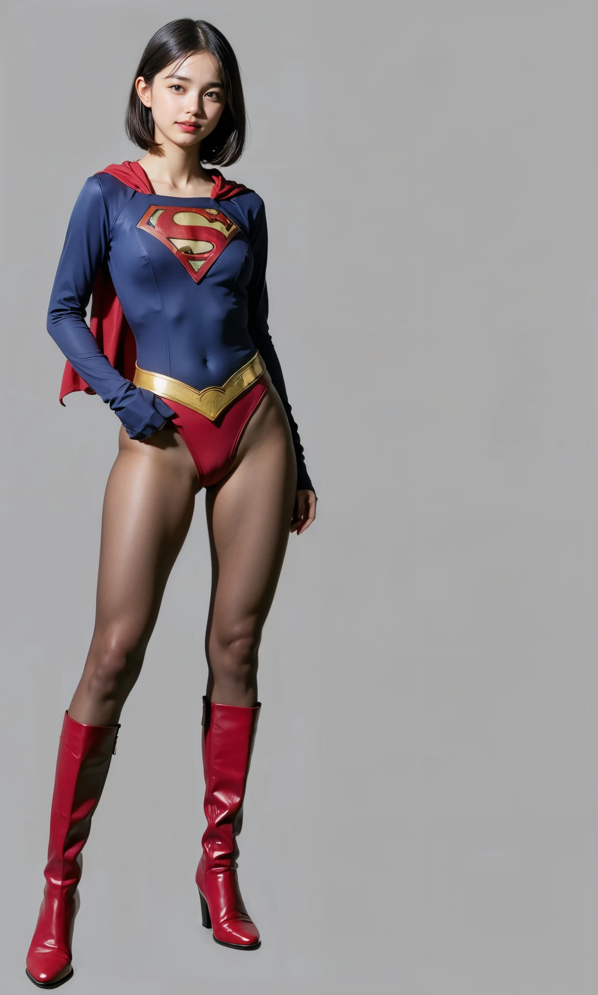 No background、(((Beautiful legs in black tights.)))、(((Legally express the beauty of your smile)))、((((Make the most of your original images)))、(((Supergirl Costume)))、(((Beautiful very short hair)))、(((suffering)))、(((Please wear black tights....、Wear red boots)))、((Best image quality、8k))、((Highest quality、8k、masterpiece:1.3))、(((Preserve background )))、Sharp focus:1.2、Beautiful woman with perfect figure:1.4、Slim Abs:1.2、Wet body:1.5、Highly detailed face and skin texture、8k