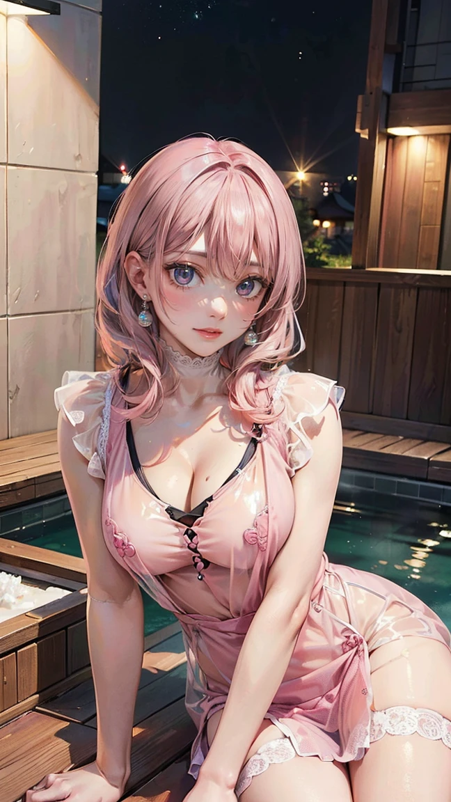 ((Highest quality, 8k, masterpiece :1.3)), (Sharp focus :1.2, Beautiful woman with perfect figure :1.4, Slim Abs), ((Big Breasts, Emphasize cleavage:1.2)), (Photorealistic:1.4), (realistic:1.4), (Pink Hair:1.5), Highly detailed face and skin texture, Fine grain, double eyelid. Makeup face, A little bit of lipstick, sex appeal, Sexy gravure pose, ((Wearing a pink see-through dress、A gravure idol shows off her beautiful legs while relaxing at a luxury spa。:1.3))