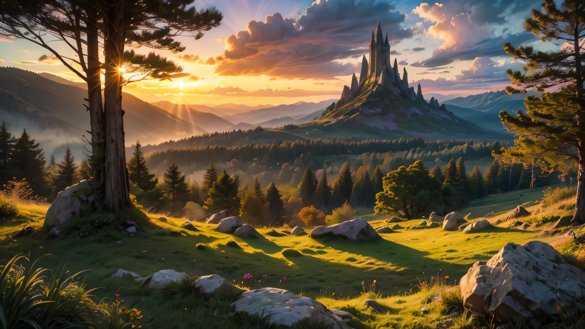 fantasy fairytale very tall dark wizard's tower in a valley with huge dramatic mountains towering in the distance,autumn,large ornamental lawns, rocks plants flowers shrubs trees moss lawns grass redwoods,sunset storm and strong sunbeams,very hazy,extreme details,photorealistic,4k,HD,beautiful,nature, dreamy, 