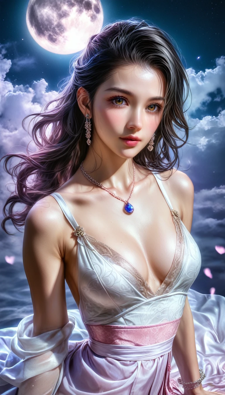 score_9, score_8_superior, score_7_superior, A masterpiece in 32K resolution,Highest quality,it is really amazing,Very detailed,Ultra-high resolution,(Ultra-realistic:1.5),(Realistic:1.5),Increased depth of field,Cinematic lighting,
(Elegant adult Japanese woman:1.4),
Long black hair,Ultra-detailed and beautiful face,(Gentle expression:1.1),Translucent white skin,(Realistic skin texture:1.1),
(Sexy Swimwear:1.1),
Bold design,Artistic design,Beautiful and detailed pattern,Detailed fabric texture,
Gorgeous necklace,Earrings,
Coastline at night,(Giant Moon:1.1),(Dark clouds floating in the dark night sky:1.1),
High angle,