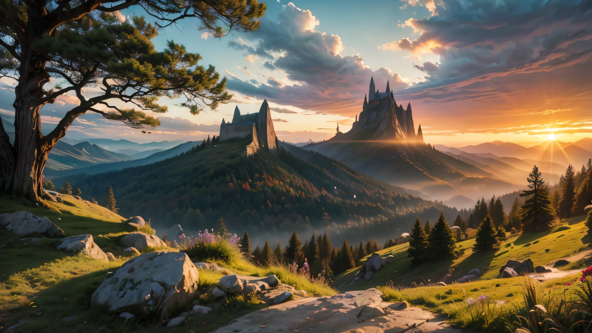 fantasy fairytale very tall dark wizard's tower in a valley with huge dramatic mountains towering in the distance,autumn,large ornamental lawns, rocks plants flowers shrubs trees moss lawns grass redwoods,sunset storm and strong sunbeams,very hazy,extreme details,photorealistic,4k,HD,beautiful,nature, dreamy, 