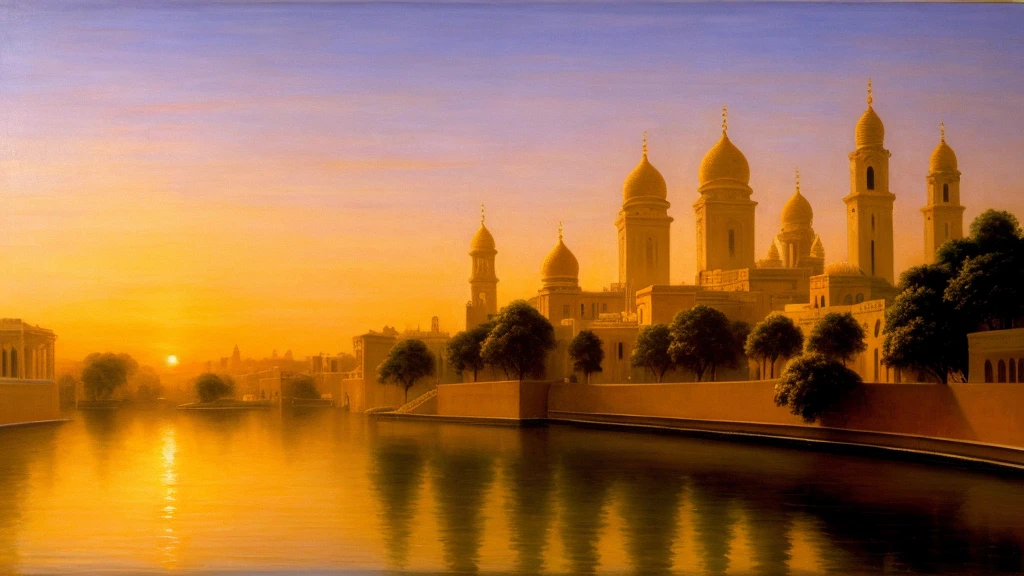 "Serene sunrise over a peaceful city, FORMAT 16:9, with a soft golden light symbolizing the divine presence. Classical oil painting style, Soft and Harmonious Colors, --ar 16:9 --q 2"