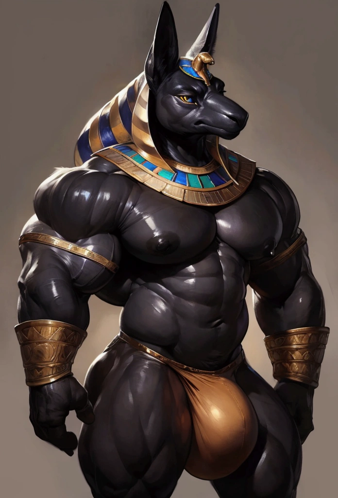 solo, male, Anubis, raven black fur, egyptian god, huge bulge, detailed face, detailed eyes, hyper muscles, hyper pecs, thick thighs, standing, plain background, by Darkgem
