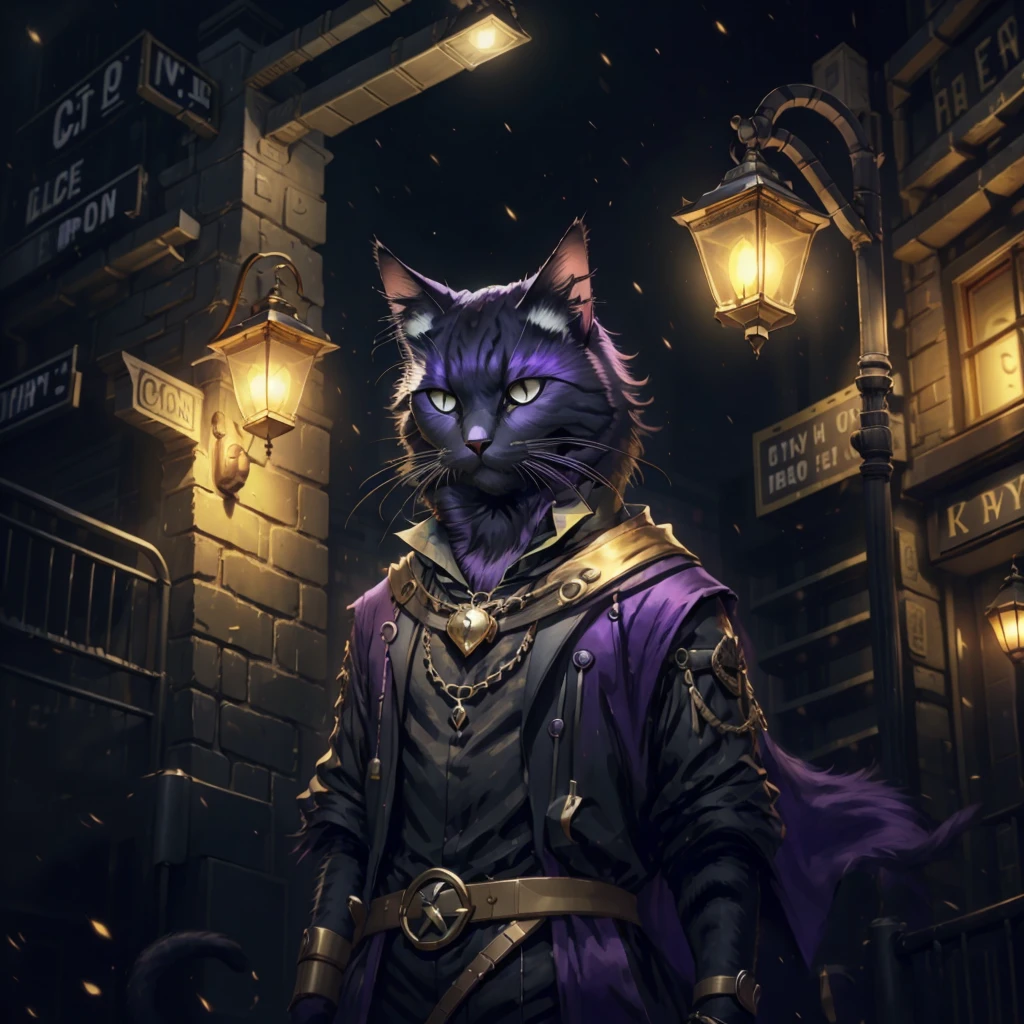 Black cat, solo, 1male, purple eyes, gold earrings, gold wrist bands, black mist arpund cat, black fog coming from cat, city streets, night time, lamp light