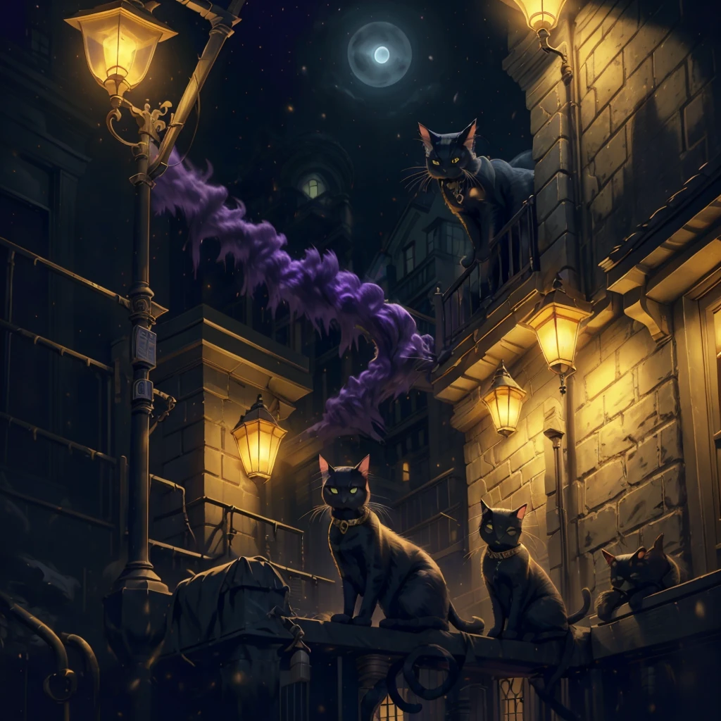 Black cat, solo, 1male, purple eyes, gold earrings, gold wrist bands, black mist arpund cat, black fog coming from cat, city streets, night time, lamp light