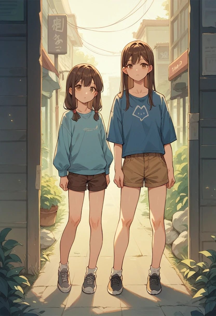 a anime women, wearing a blue shirt, and a brown shorts, long brown hair, standing, full body, thin body