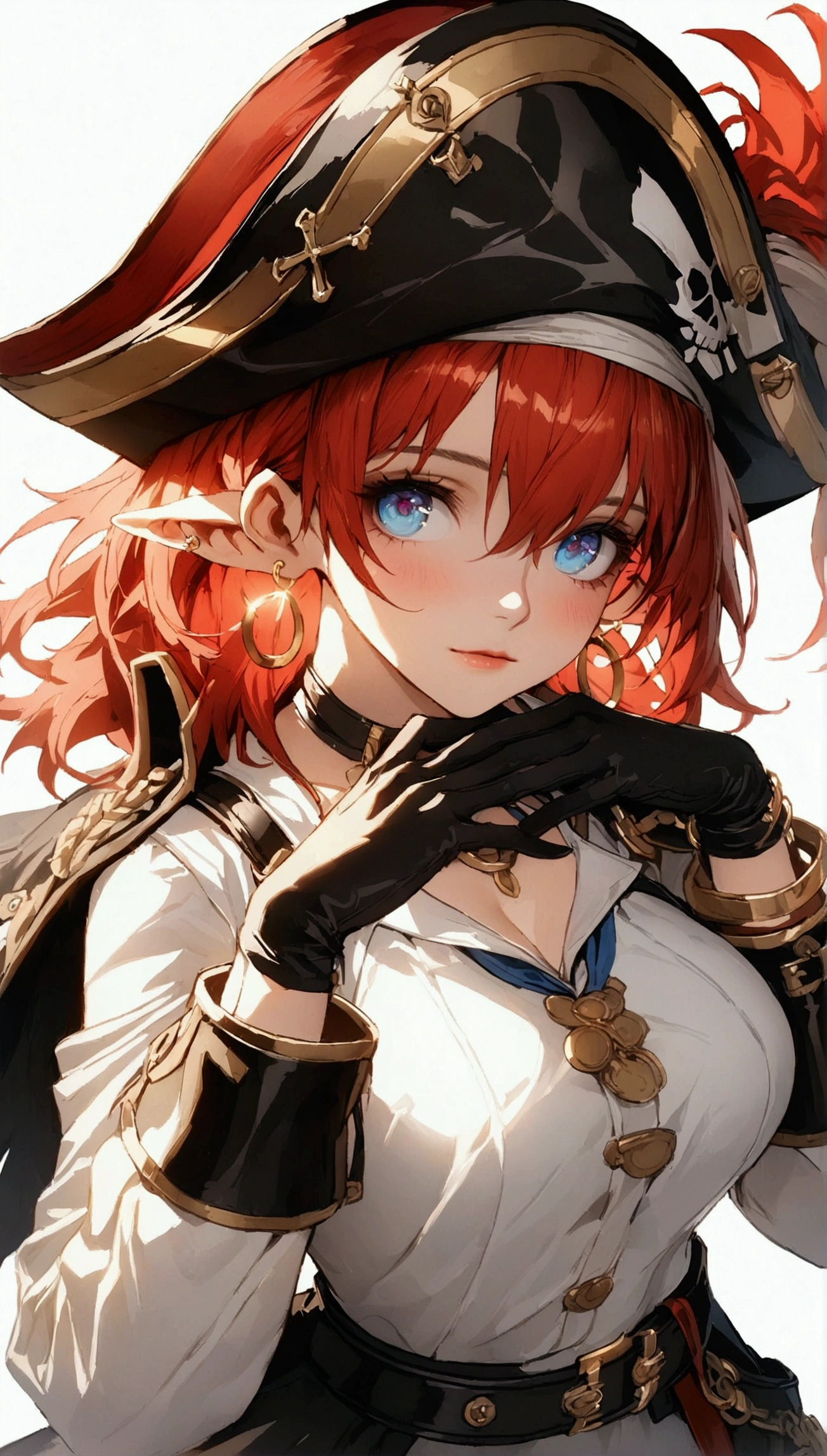 (Masterpiece. The best quality. 8K. Sharp focus. Depth of field, The best shadows. Perfect lighting. HDR. Realistic skin texture. Ultra-detailed background. Detail). Anime style. Honkai: Star Rail. March 7. 1 girl. Fiery red hair, short hair. Azure blue eyes, beautiful eyes, beautiful eyes, expressive eyes. Beautiful nose, perfect facial features. B-size breasts, beautiful breasts. Long beautiful legs. Arms crossed on chest, right hand near face, right hand placed on cheek, Ara Ara. Pirate hat, white blouse, pirate pants, pirate knee-length boots, elbow-length leather gloves, wide belt on waist, gold bracelets on hands, gold hoop earrings in ears. Pirate uniform-cloak. Shoulder straps with Jolly Roger on shoulders. On the belt there is a saber and a musket. Stands at full height at the ship's helm. Full body.