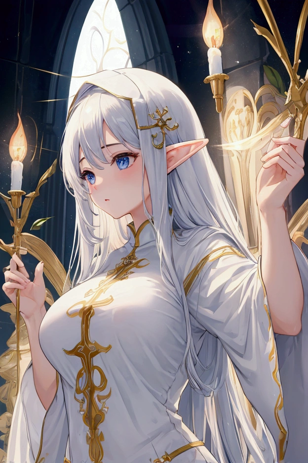 Nsfw, Elf_girl, (ultra pale skin) ,(((very  extra large hair))) ,platinum hair, silver hair,Lingerie with silver and gold threads,  decorated sexy lingerie,masterpiece, best quality,  Ultra-precise depiction, Ultra-detailed depiction, official art,highres, (extremely beautiful face),(high detailed face),beautiful detailed eyes, detailed lashes,(shiny skin), makeup,full body,  ((toned slim body)),(blushing face erotic),  (((nice hands, perfect hands))),((very beautiful breast)), ((toned Slim body)), looking at the viewer,(mármol platinum white ruins background,)