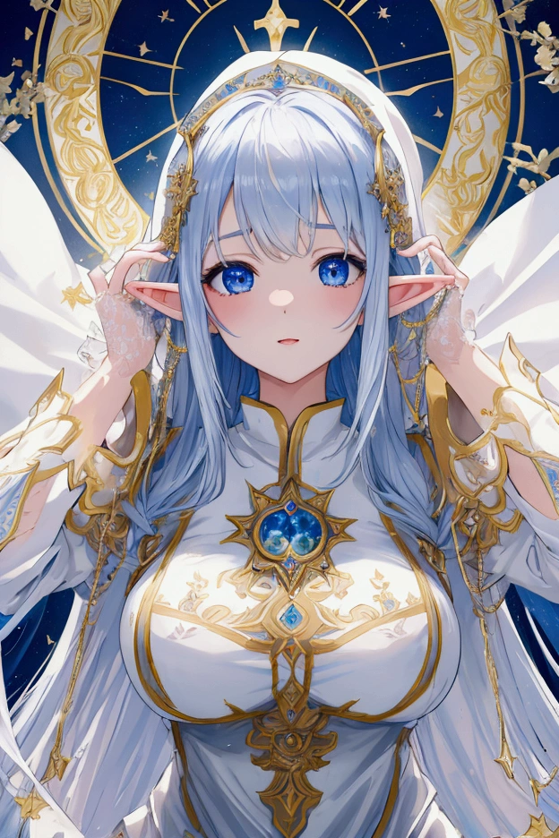 Highest quality, masterpiece, Ultra-high resolution, female、Big Breasts、Elf、Beauty、Priest、Light clothing、holy aura、Detailed white clothing