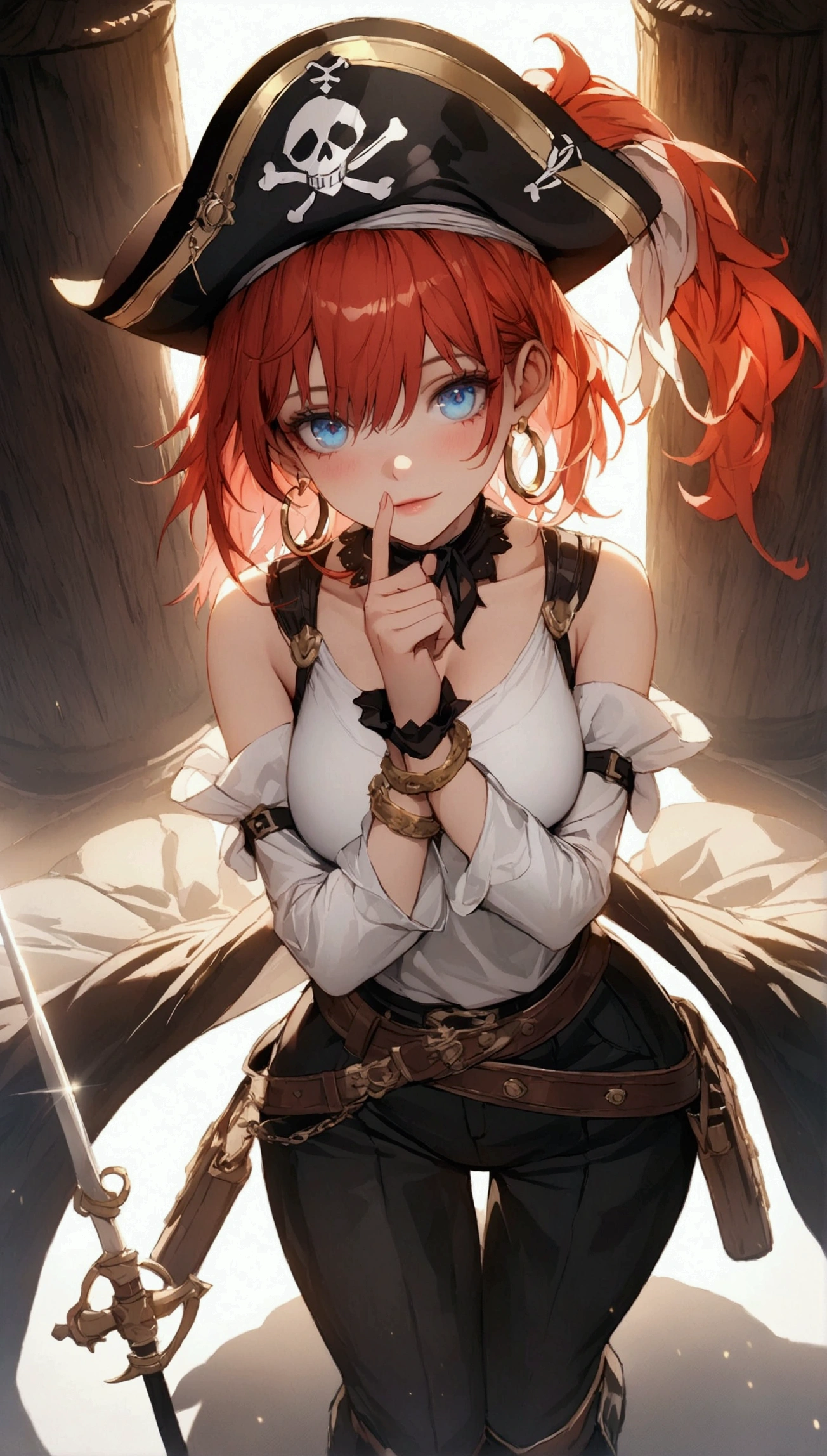 (Masterpiece. The best quality. 8K. Sharp focus. Depth of field, The best shadows. Perfect lighting. HDR. Realistic skin texture. Ultra-detailed background. Detail). Anime style. Honkai: Star Rail. March 7. 1 girl. Fiery red hair, short hair. Azure blue eyes, beautiful eyes, beautiful eyes, expressive eyes. Beautiful nose, perfect facial features. B-size breasts, beautiful breasts. Long beautiful legs. Arms crossed on chest, right hand near face, right hand placed on cheek, Ara Ara. Pirate hat, white blouse, pirate pants, pirate knee-length boots, elbow-length leather gloves, wide belt on waist, gold bracelets on hands, gold hoop earrings in ears. Pirate uniform-cloak. Shoulder straps with Jolly Roger on shoulders. On the belt there is a saber and a musket.  Stands at full height at the ship's helm. Full body.