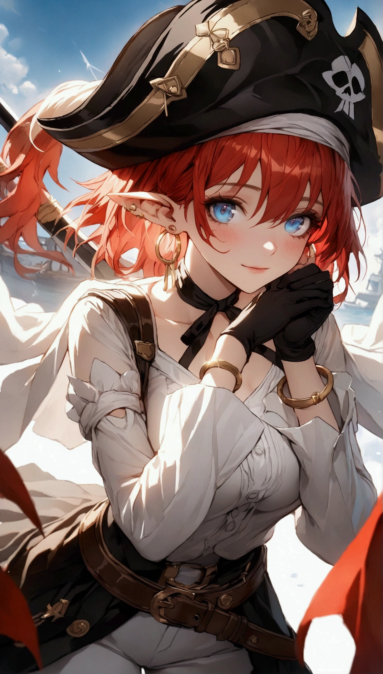 (Masterpiece. The best quality. 8K. Sharp focus. Depth of field, The best shadows. Perfect lighting. HDR. Realistic skin texture. Ultra-detailed background. Detail). Anime style. Honkai: Star Rail. March 7. 1 girl. Fiery red hair, short hair. Azure blue eyes, beautiful eyes, beautiful eyes, expressive eyes. Beautiful nose, perfect facial features. B-size breasts, beautiful breasts. Long beautiful legs. Arms crossed on chest, right hand near face, right hand placed on cheek, Ara Ara. Pirate hat, white blouse, pirate pants, pirate knee-length boots, elbow-length leather gloves, wide belt on waist, gold bracelets on hands, gold hoop earrings in ears. Pirate uniform-cloak. Shoulder straps with Jolly Roger on shoulders. On the belt there is a saber and a musket. Stands at full height at the ship's helm. Full body.
