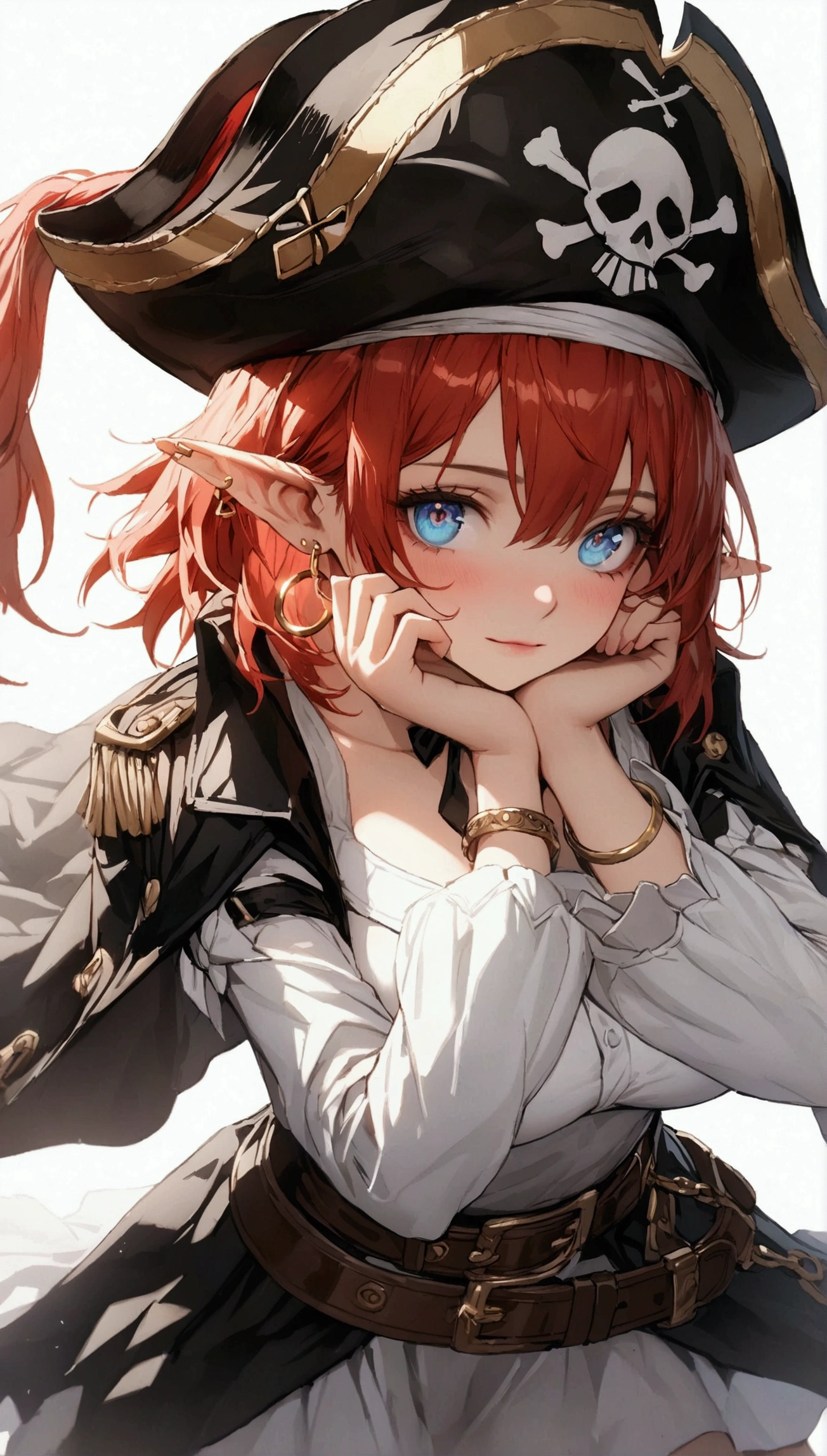(Masterpiece. The best quality. 8K. Sharp focus. Depth of field, The best shadows. Perfect lighting. HDR. Realistic skin texture. Ultra-detailed background. Detail). Anime style. Honkai: Star Rail. March 7. 1 girl. Fiery red hair, short hair. Azure blue eyes, beautiful eyes, beautiful eyes, expressive eyes. Beautiful nose, perfect facial features. B-size , beautiful breastsbeautiful legs. Arms crossed on chest, right hand near face, right hand placed on cheek, Ara Ara. Pirate hat, white blouse, pirate pants, pirate knee-length boots, elbow-length leather gloves, wide belt on waist, gold bracelets on hands, gold hoop earrings in ears. Pirate uniform-cloak. Shoulder straps with Jolly Roger on shoulders. On the belt there is a saber and a musket.  Stands at full height at the ship's helm. Full body.