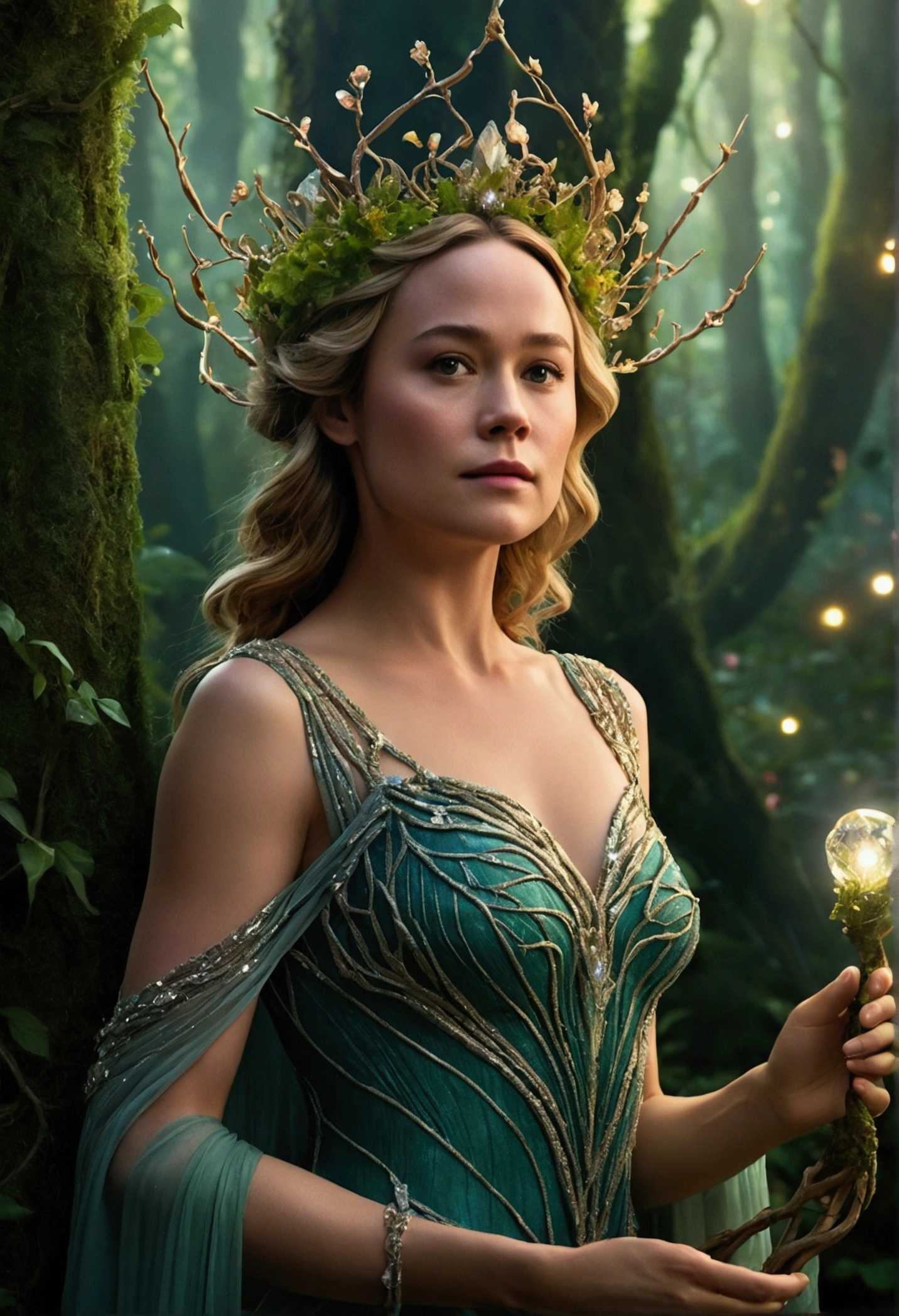 One heavenly woman with realistic details, Glossy black long hair, Contrasting white skin, Big Dipper tattoo on the shoulder, surrounded by shining things, Magical Creatures of the Forest Underground Skin Spawn, glowing skin, A dress with a shimmering golden hue, detailed background, (Elizabeth Olsen, Anne Hathaway, Selena Gomez:1.2), green eyes, Surprising Details, Nikon D850 Film Stock Photo Kodak Portra 400 Camera f1.6 lens, rich colors, lifelike texture, bright light, Sharp resolution, Unreal Engine, Cinesteel 800 Tungsten