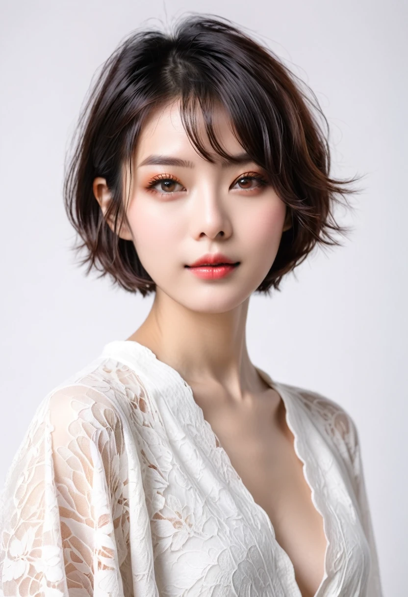 beautiful Japanese woman with short hair , white background