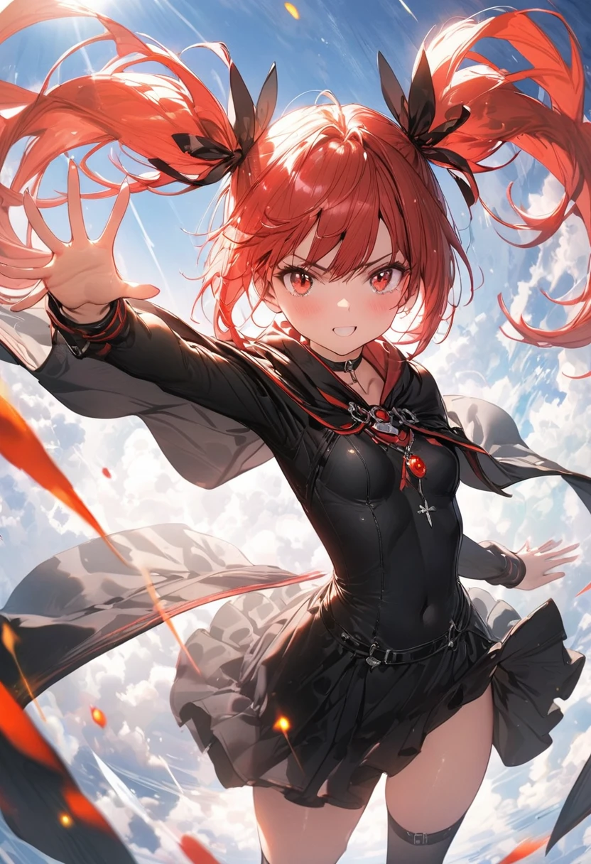 (masterpiece),(best quality),(ultra-detailed),(best illustration),(best shadow),(absurdres),(detailed background),(very aesthetic), wizzard, short hair, red hair, ((twin tail)), ((small_breasts)) ,red eyes, cloak, exposed belly, 1girl, legs exposed, strikes, Perfect face, short skirt, ((black clothes)) ,knee socks,add_detail:1, add_detail:0, add_detail:0.5, moody light,and the sun was shining brightly,8k,hyper-detailing