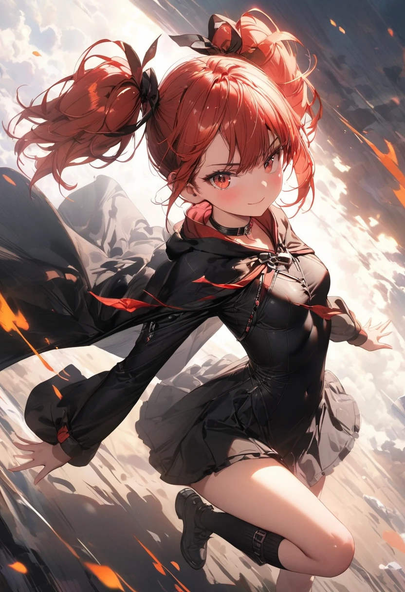 (masterpiece),(best quality),(ultra-detailed),(best illustration),(best shadow),(absurdres),(detailed background),(very aesthetic), wizzard, short hair, red hair, ((twin tail)), ((small_breasts)) ,red eyes, cloak, exposed belly, 1girl, legs exposed, strikes, Perfect face, short skirt, ((black clothes)) ,knee socks,add_detail:1, add_detail:0, add_detail:0.5, moody light,and the sun was shining brightly,8k,hyper-detailing