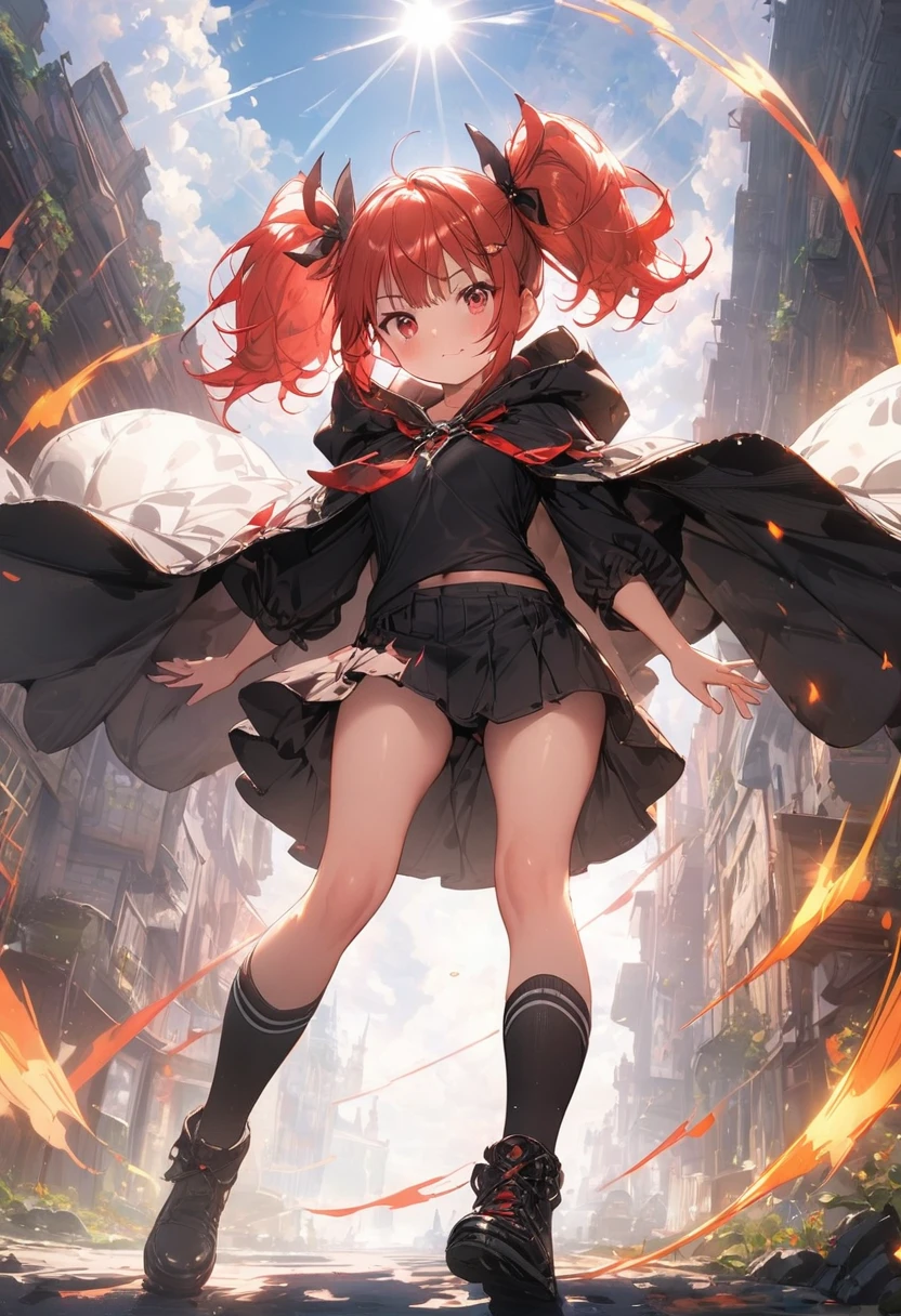 (masterpiece),(best quality),(ultra-detailed),(best illustration),(best shadow),(absurdres),(detailed background),(very aesthetic), wizzard, short hair, red hair, ((twin tail)), ((small_breasts)) ,red eyes, cloak, exposed belly, 1girl, legs exposed, strikes, Perfect face, short skirt, ((black clothes)) ,knee socks,add_detail:1, add_detail:0, add_detail:0.5, moody light，and the sun was shining brightly，8k，hyper-detailing
