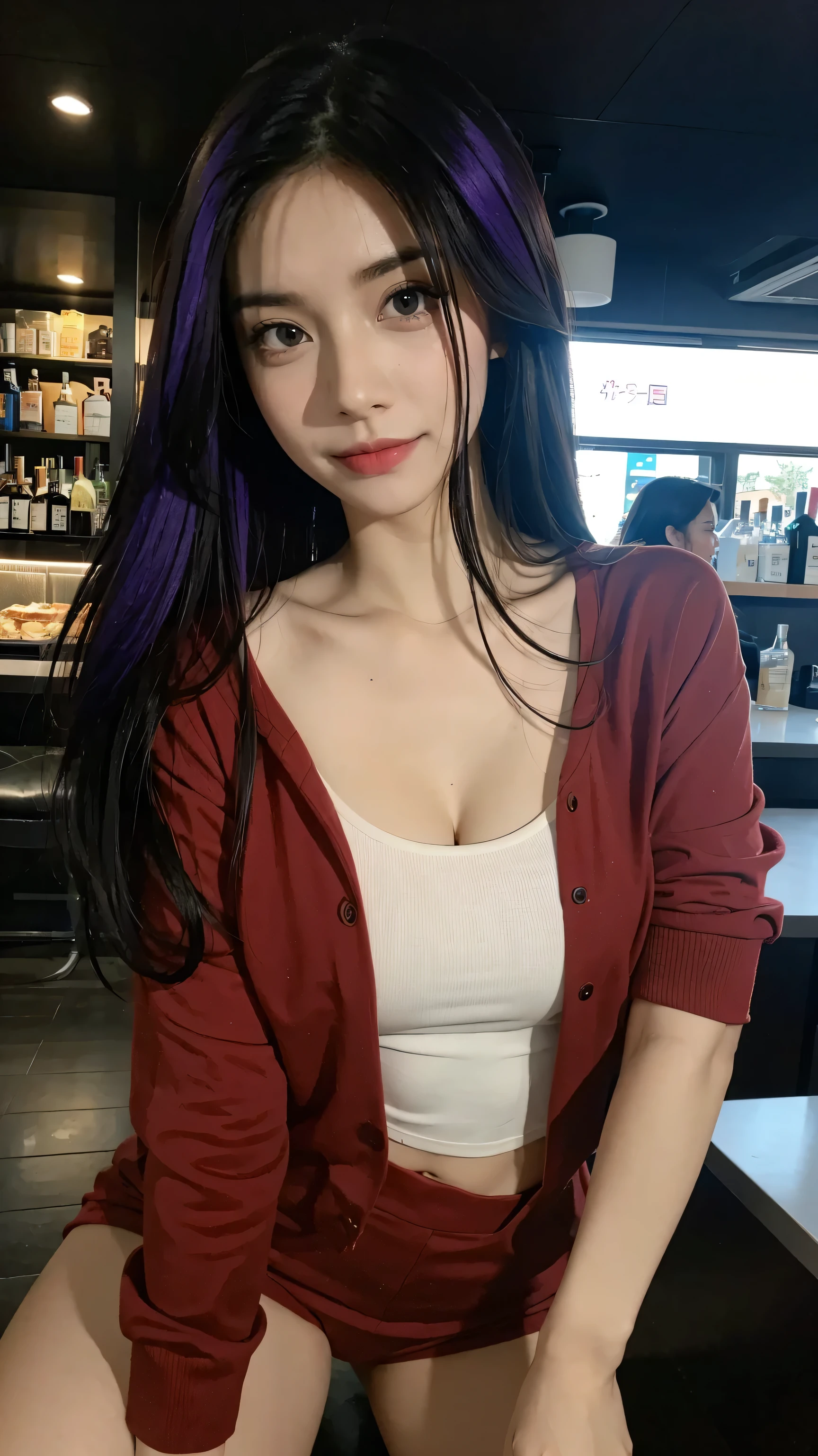 (full body)), 1girl, (((wink at the camera))), white Asian, (long black and purple hair), ((red outfit)), (detailed face), beautiful eyes, lips, nose, (detailed skin), beautiful facial features, high quality, ((in a bar)) ((photorealistic,extremely detailed) ,8k,masterpiece,bright colors, cinematic lighting, (no blurry),