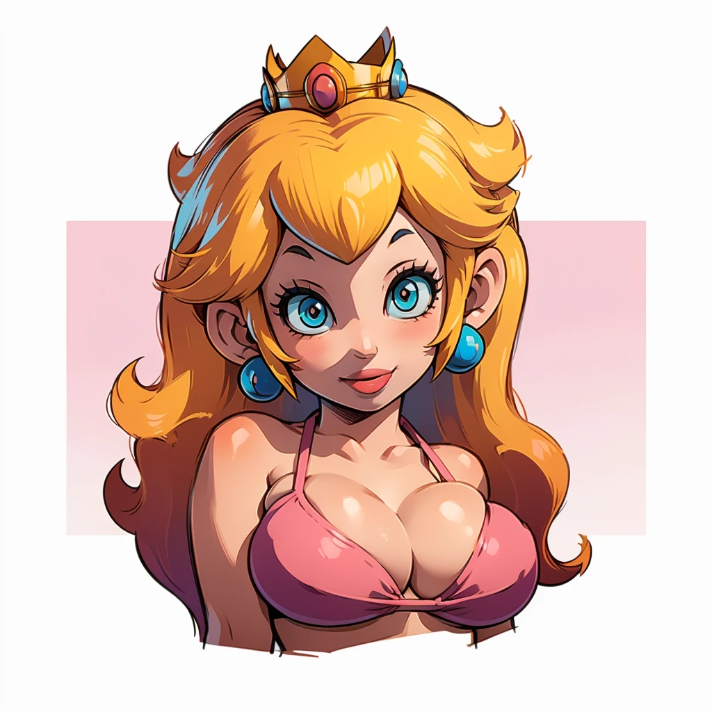 ((1girl, white background, top bikini, princess peach, crown, earrings, blonde hair)), upper body, anatomically correct, long hair, simple background, smile, cleavage, looking at the viewer