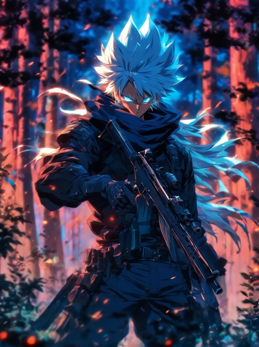 anime character with gun in hand in front of a forest, anime rudo 8K, with rifle, white hair blue eyes , trigger anime art style, anime lush john 8k forests, anime machine gun fire, high quality anime art style, white hair, white fox anime, manga wallpaper 4k, epic anime style, zorro white hair, 4k anime wallpaper