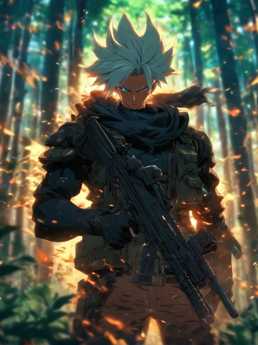 anime character with gun in hand in front of a forest, anime rudo 8K, with rifle, white hair blue eyes , trigger anime art style, anime lush john 8k forests, anime machine gun fire, high quality anime art style, white hair, white fox anime, manga wallpaper 4k, epic anime style, zorro white hair, 4k anime wallpaper