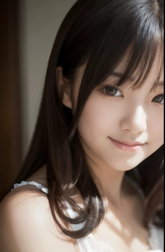 best quality, face focus, soft light, ultra high res, (photorealistic:1.4), RAW photo,(Shinozaki Ai), white skin, kawaii,
1 Japanese girl, solo, cute, (smile), (pupil, lights in the eyes), detailed beautiful face, busty,(high resolution detail of human skin texture),(long hair),(portrait), upper body, in the bedroom, A white nightgown